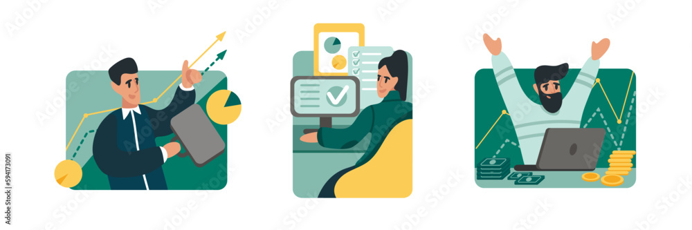 Set of cartoon characters of young people increasing capital and profits Set of cartoon characters of young people increasing capital and profits