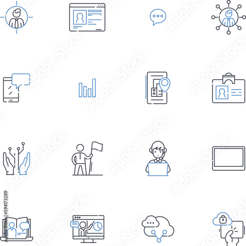 Front desk line icons collection. Receptionist, Lobby, Check-in, Check-out, Hospitality, Concierge, Reservation vector and linear illustration. Guests,Communication,Multitasking outline signs set