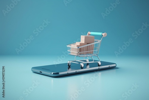 Obraz na plátne Concept of ecommerce, marketplace, web stores, online shopping and shipping with shop cart rising out of phone screen and credit card on light blue background with copy space