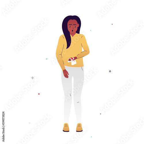 Vector illustration of a girl scared of unexplained vaginal bleeding. Hormonal imbalance, unnoticed pregnancy, fibroids, cancer. Illustration for medical articles, posters.