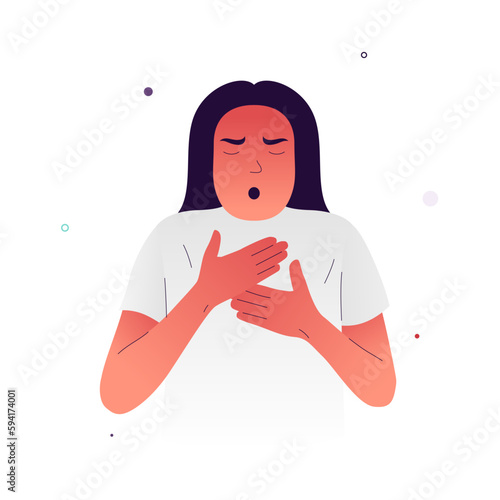 Vector illustration of a girl with difficulty breathing. A person has shortness of breath due to lack of oxygen. Symptoms of allergies, asthma, heart disease, cancer. Illustration for medical posters.