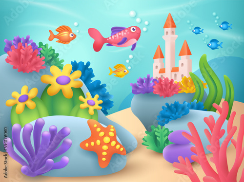 Fish swimming towards castle in sea or aquarium 3D illustration. Cartoon drawing of tropical aquatic creatures, corals, starfish on stones in 3D style. Summer, nature, wildlife concept