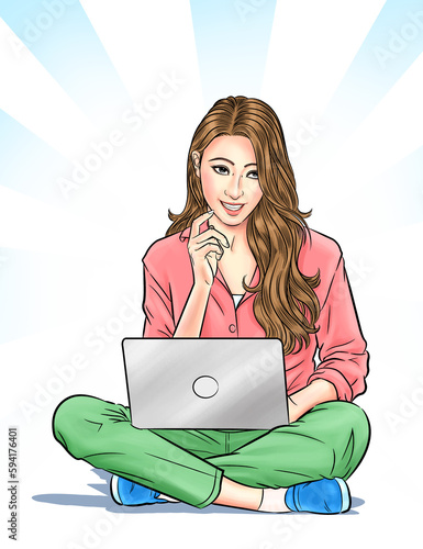 beautiful woman using laptop looks like he's thinking about something to decide. illustration
