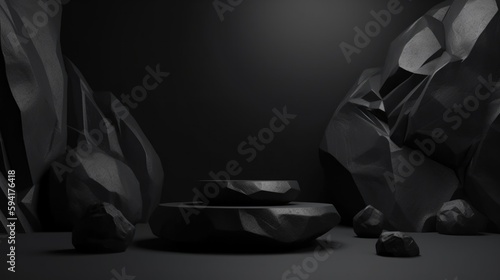 Black geometric Stone and Rock shape background, minimalist mockup for podium display or showcase. Generative AI.
