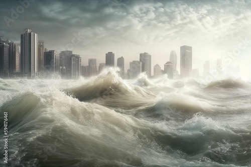 Big tsunami flooding wave destroy city with skyscrapers near ocean. Generative AI