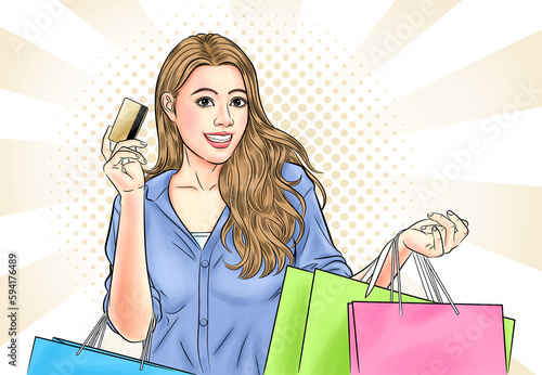 Happy teenage girl shopping using credit card and paying cash.Illustration