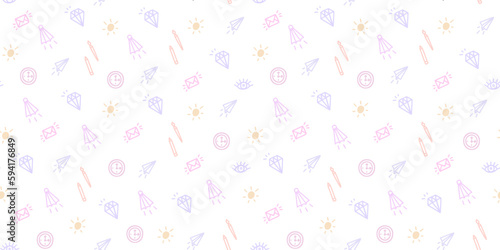 Seamless pattern with doodle elements in pastel colors on a white background in doodle style.