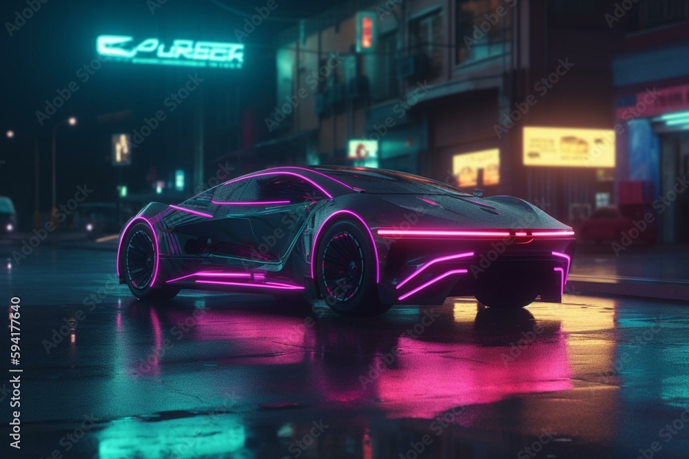 Futuristic car on the street of the cyberpunk city, illuminated with neon lights ,made with Generative AI