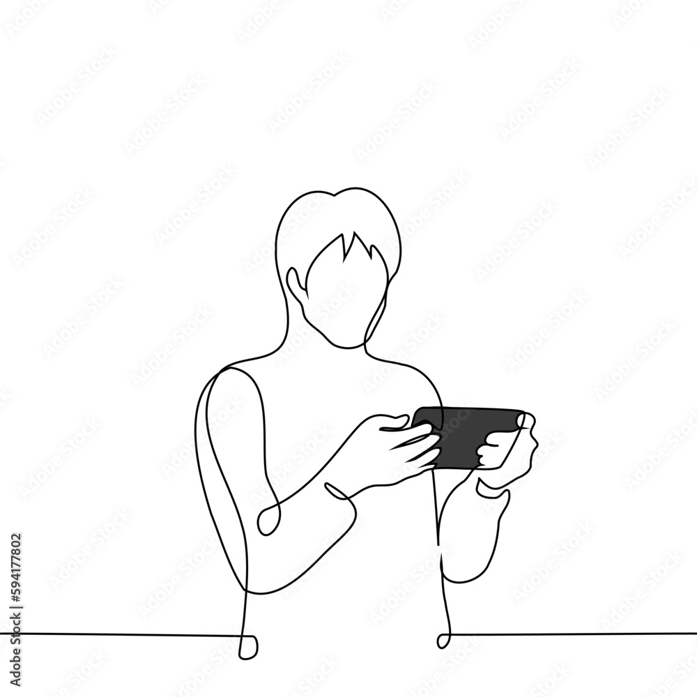 man holding mobile phone horizontally - one line drawing vector. concept mobile games, watching videos on the phone