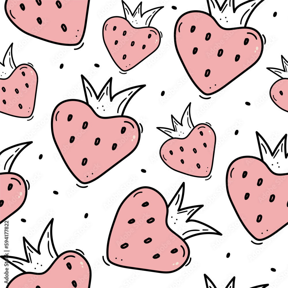 Hand drawn strawberry seamless vector pattern. Big and small pink strawberries with drops and black doodle stroke on white background Hand drawn strawberry seamless vector pattern. Big and small pink strawberries with drops and black doodle stroke on white background
