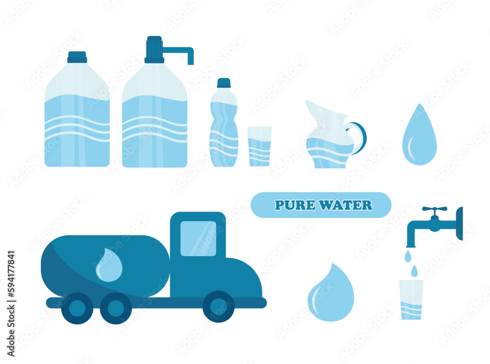 Water related icons set. Bottled drinking water. Vector illustration Water related icons set. Bottled drinking water. Vector illustration