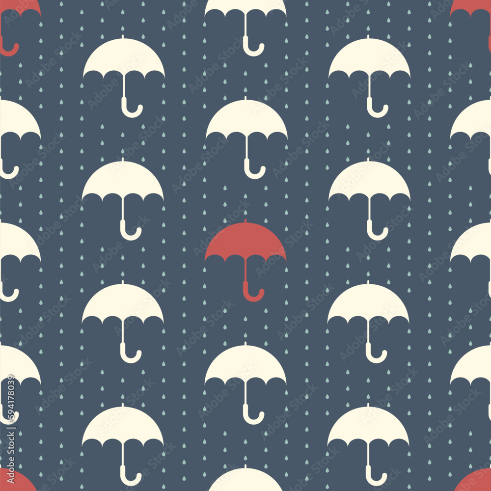 Seamless Pattern with umbrellas and falling raindrops. Flat and simple umbrellas and raindrops on navy background.