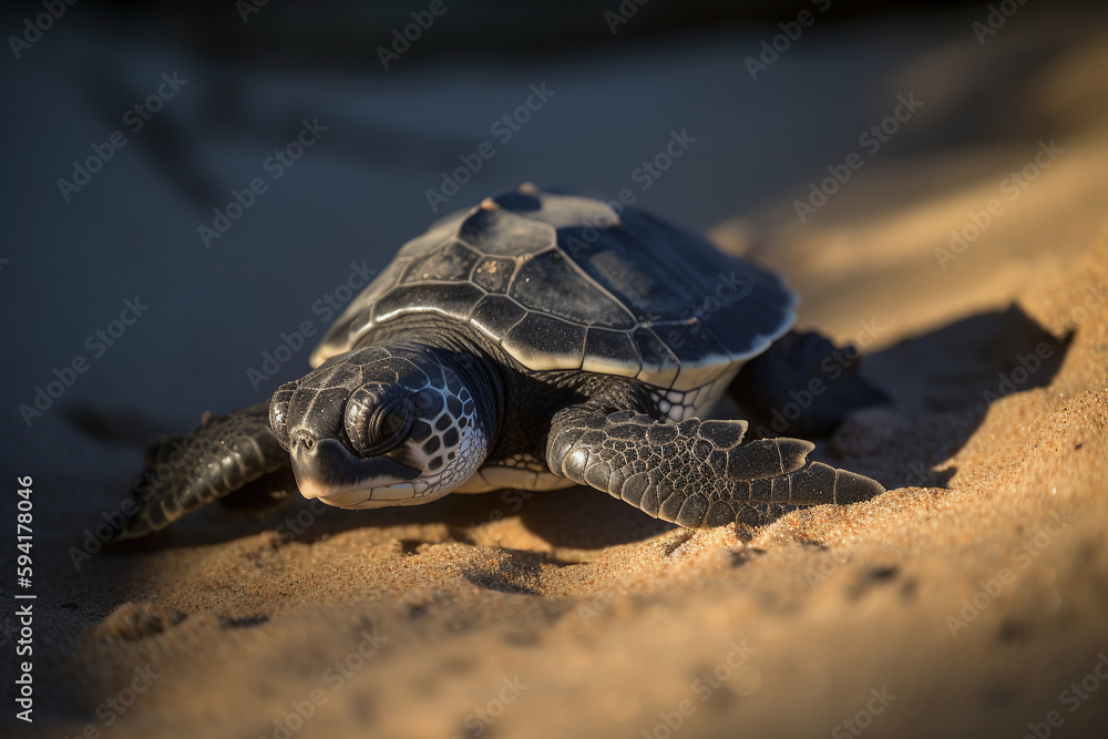 Portrait d'un bébé tortue se dirigeant vers l'océan » IA générative Portrait d'un bébé tortue se dirigeant vers l'océan » IA générative