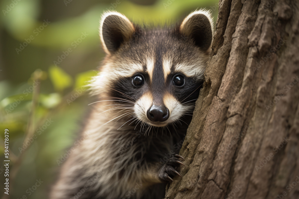 Portrait d'un bébé raton laveur contre un tronc d'arbre » IA générative Portrait d'un bébé raton laveur contre un tronc d'arbre » IA générative