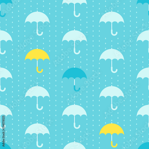 Seamless Pattern with umbrellas and falling raindrops. Flat and simple umbrellas and raindrops on aqua blue background.