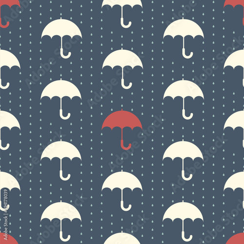 Seamless Pattern with umbrellas and falling raindrops. Flat and simple umbrellas and raindrops on navy background.