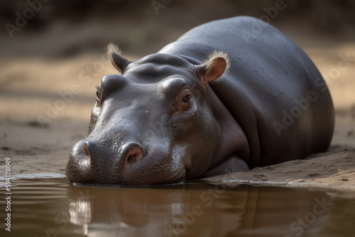 Hippopotame se baignant dans une eau boueuse » IA générative © Maelgoa