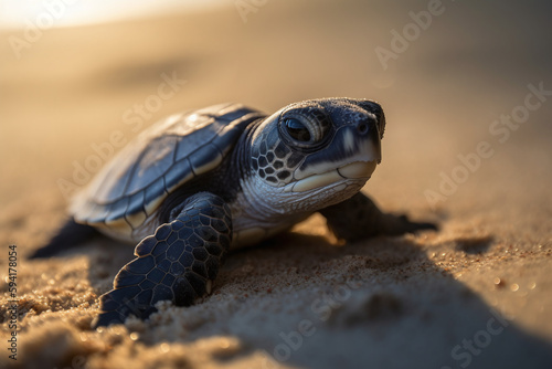 Portrait d'un bébé tortue sur la plage » IA générative