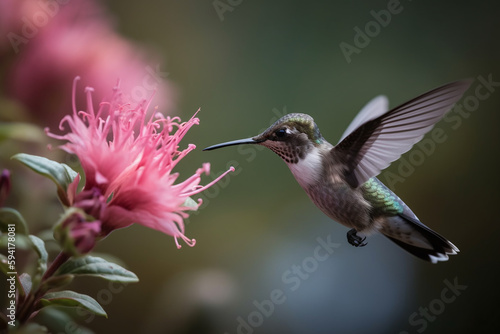 Portrait d'un colibri vert mangeant le nectar d'une fleur rose » IA générative