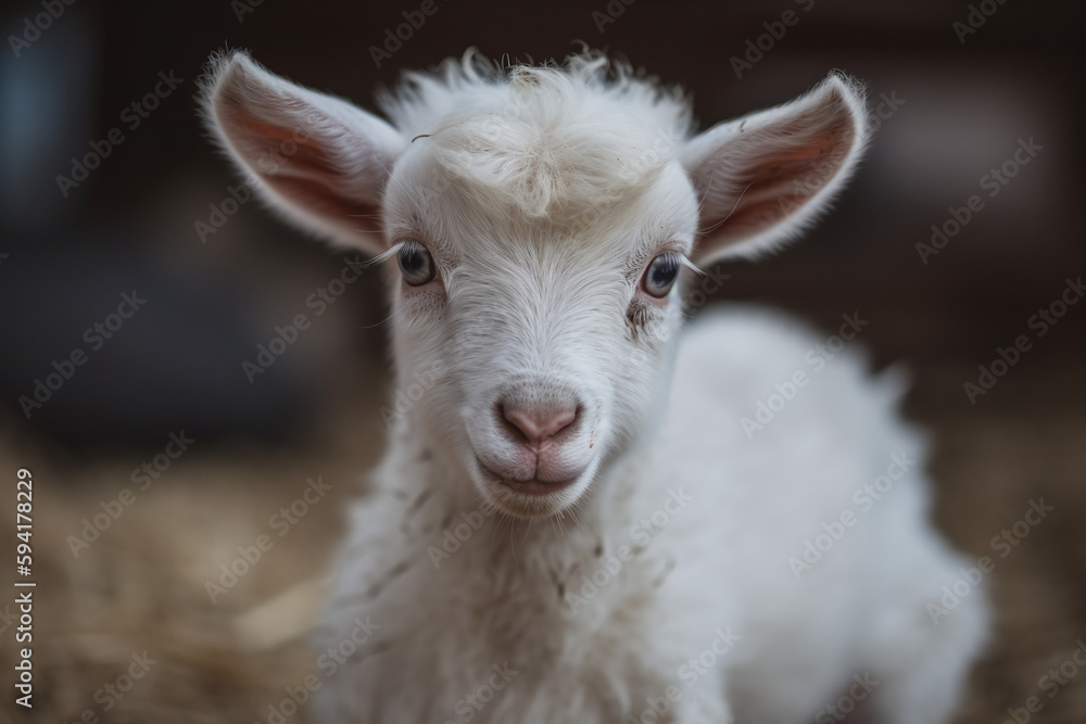 Portrait d'un bébé chèvre dormant dans la paille  » IA générative