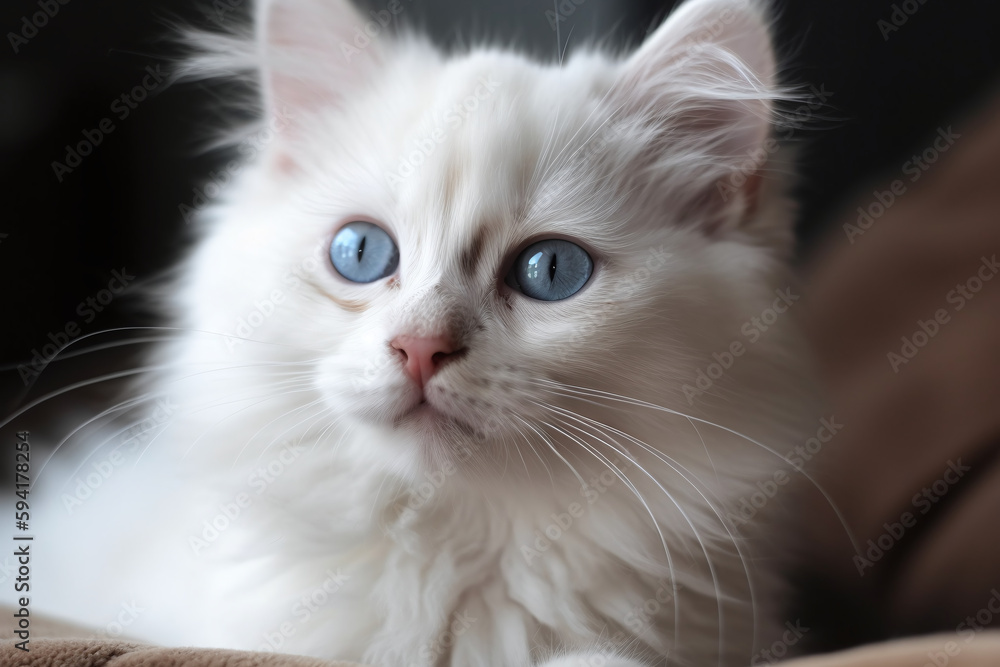 Portrait d'un chaton blanc aux yeux bleus sur une couverture marron » IA générative Portrait d'un chaton blanc aux yeux bleus sur une couverture marron » IA générative