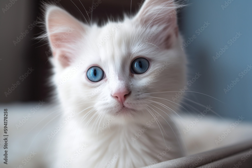 Portrait d'un chaton blanc aux yeux bleus dans son panier » IA générative Portrait d'un chaton blanc aux yeux bleus dans son panier » IA générative