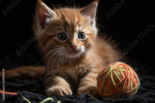 Portrait d'un chaton roux aux yeux bleus jouant avec une pelote de laine » IA générative photo