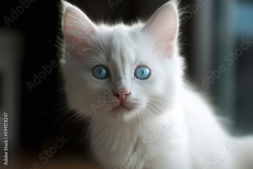 Portrait d'un chaton blanc aux yeux bleus vue de face » IA générative © Maelgoa
