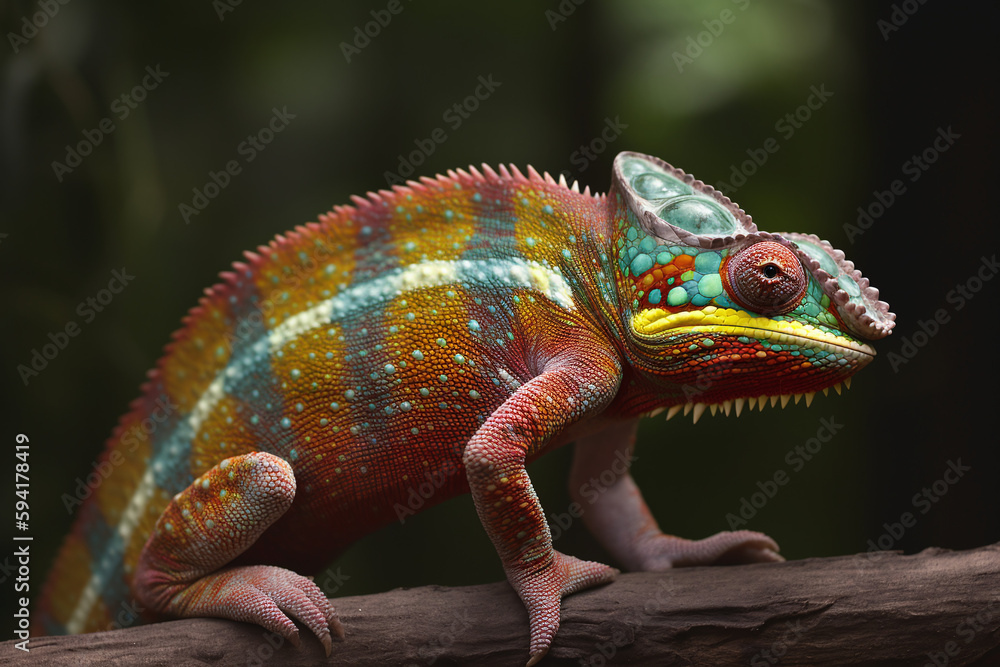 Obraz premium Portrait d'un caméléon coloré sur une branche d'arbre » IA générative