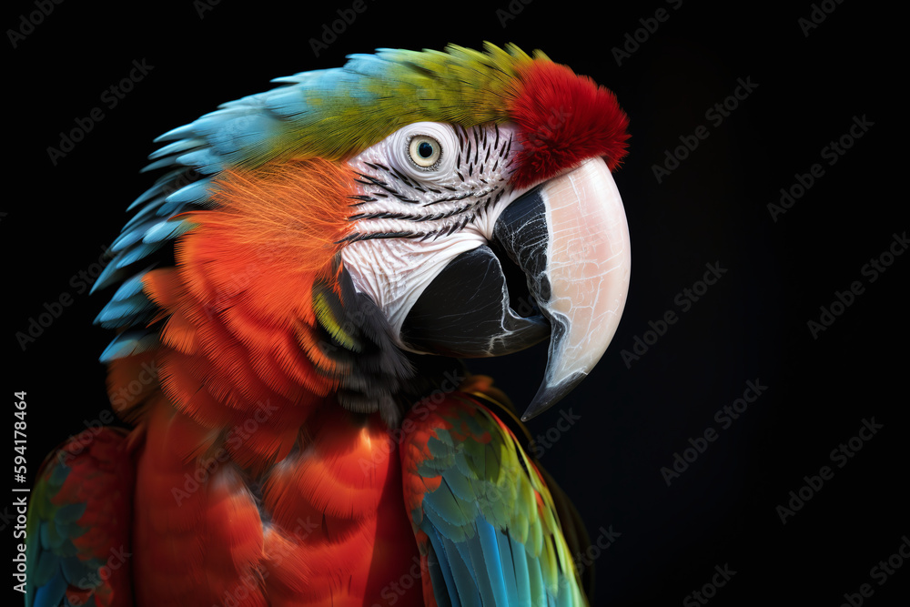 Portrait d'un perroquet coloré sur fond noir » IA générative