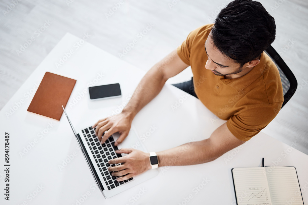 Top view, business man typing and laptop in office for planning schedule, web research and seo job. Businessman, computer or website management in startup company for analysis, focus or communication Top view, business man typing and laptop in office for planning schedule, web research and seo job. Businessman, computer or website management in startup company for analysis, focus or communication
