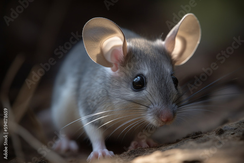 Portrait d'une souris grise vue du profil droit se baladant dans la nature » IA générative