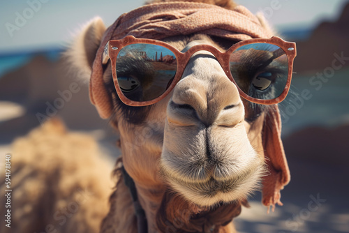 Portrait d'un chameau anthropomorphe à la plage » IA générative