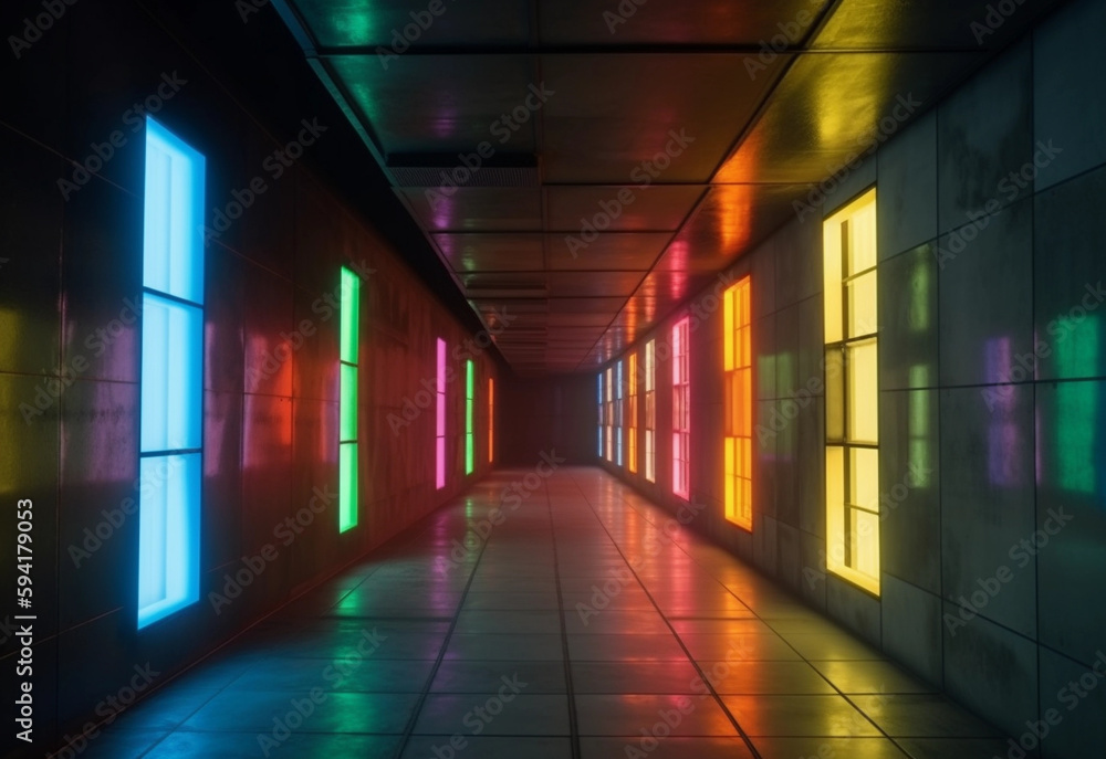 Futuristic technicolor corridor, glossy concrete & grunge, cyber-retro underground feel - generative ai