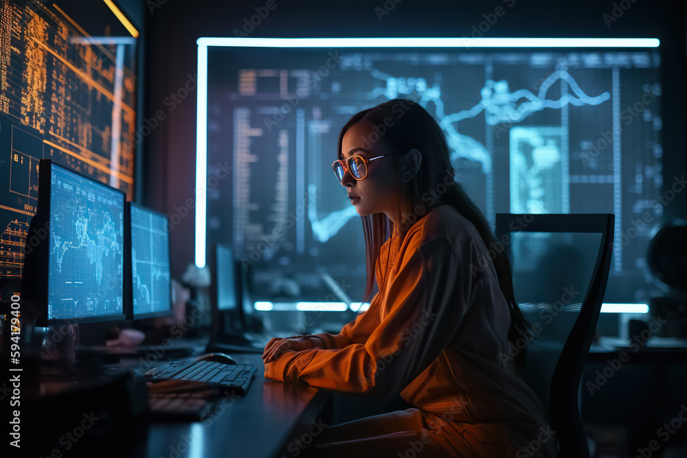 A woman sitting at a desk in front of a computer created with Generative AI technology A woman sitting at a desk in front of a computer created with Generative AI technology
