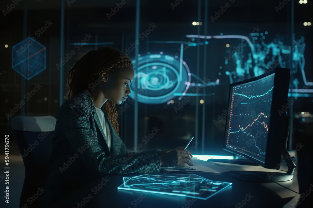 A woman sitting at a desk in front of a computer created with Generative AI technology A woman sitting at a desk in front of a computer created with Generative AI technology