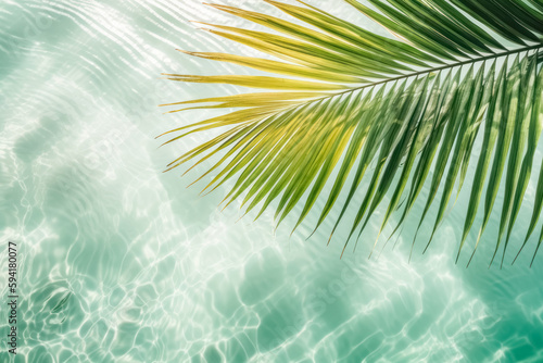 Summer background. Palm leaves on wave beach. Generative ai. © tonktiti