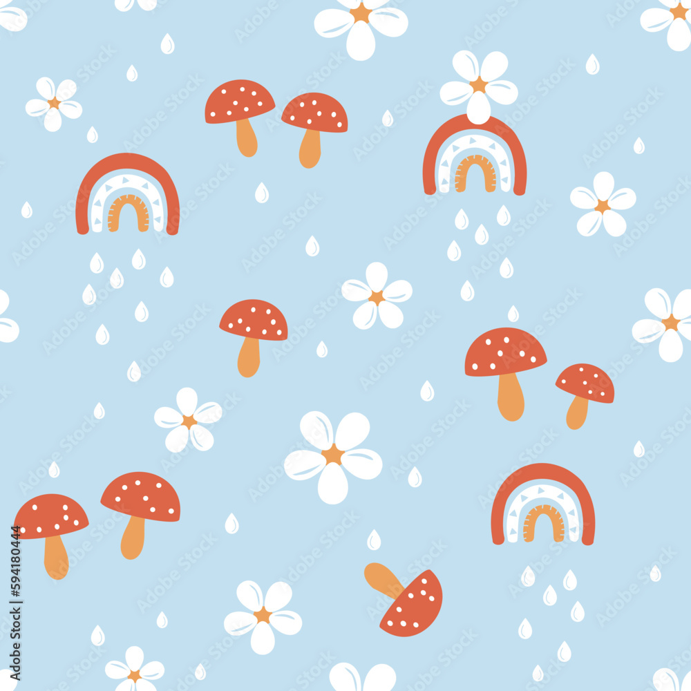 Seamless pattern with mushroom, flower and rainbows on blue sky background vector illustration. Seamless pattern with mushroom, flower and rainbows on blue sky background vector illustration.
