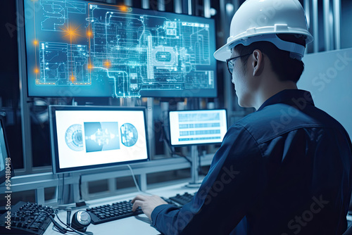 Engineer manager monitors and controls robot arm automation in smart factories in real time monitoring system software, welding robots and digital manufacturing operations 