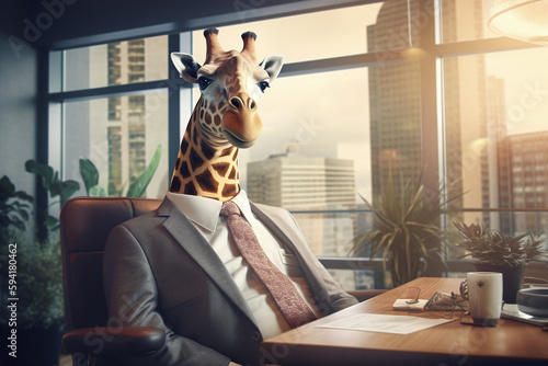 Girafe chef d'entreprise signant des papiers sur son bureau » IA générative photo