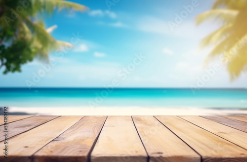 Wood table with blurred blue sky and beach. Free space perfect for product presentation and montage.