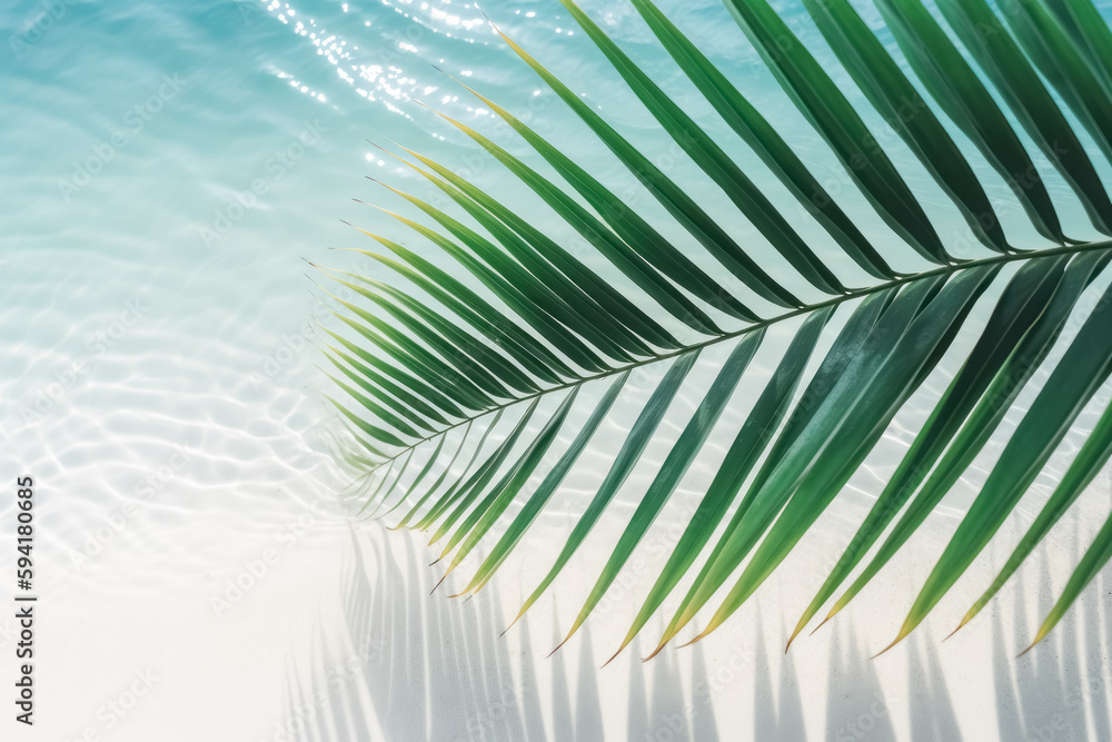 Fototapeta premium Summer background. Palm leaves on wave beach. Generative ai.