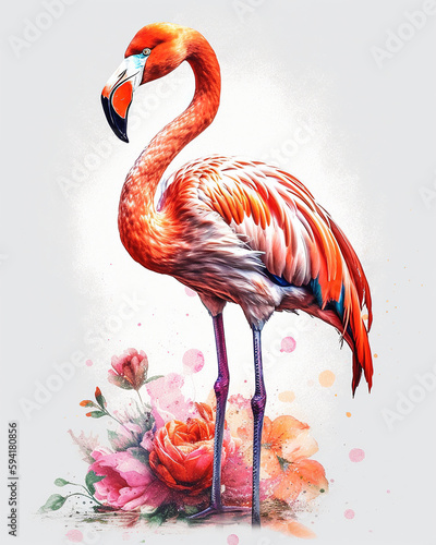 The Allure of the Tropics  A Stunning Flamingo with Colorful Flowers  Isolated on White Background - Generative AI