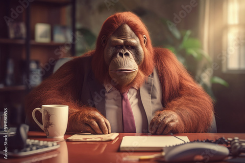 Orang-outan chef d'entreprise signant des papiers sur son bureau » IA générative