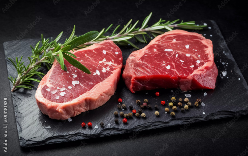 raw beef steak on a black stone plate with herbs