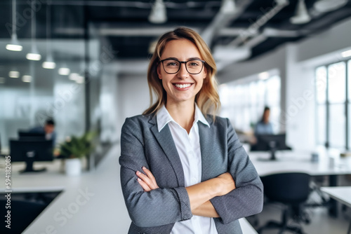 Kompetente Business Frau steht lächelnd im modernen Büro - Thema Kompetenz, Mitarbeiter oder Erfolg - Generative AI photo