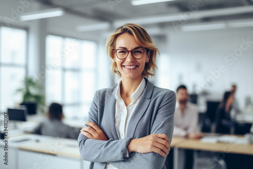 Business woman standing competently and smiling in open plan office - theme woman power, career or manager - Generative AI photo