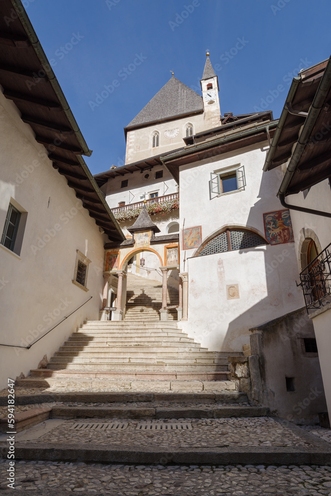 The steps leading to the Sanctuary of San Romedio in the Val di Non valley, Sanzeno, Trentino-Alto Adige, Italy