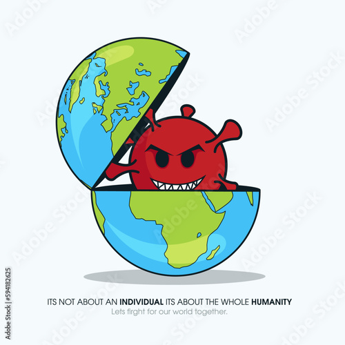 Globe divided into two parts or cut open with a coronavirus germ inside. Representation of a pandemic situation and a message to save humanity. Png icon can be used in many medical related posts. photo
