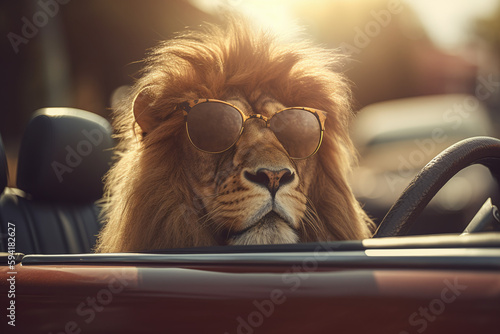 Gros plan d'un lion dans une voiture décapotable » IA générative